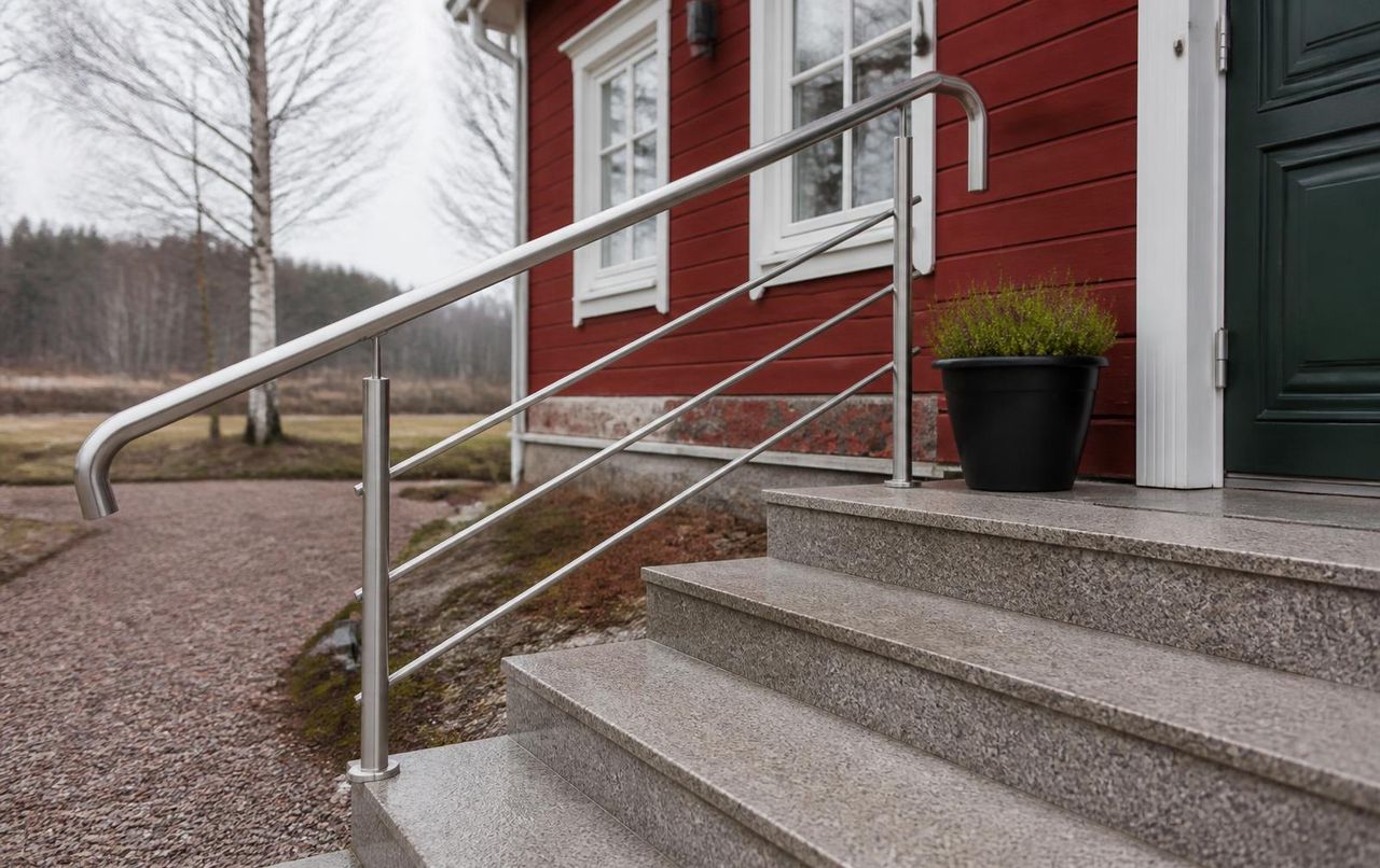 Rostfritt trappräcke i syrafast stål tillverkat och monterat vid en villatrappa i Dalarna